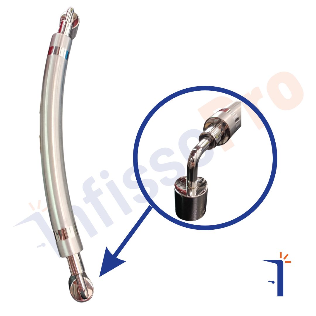 05.51.302-s maniglione modello napoli diametro 32 mm, l 430 mm, i 400 mm, in acciaio inox aisi 316l satinato. MPM maniglione curvo per portone esterno colore inox